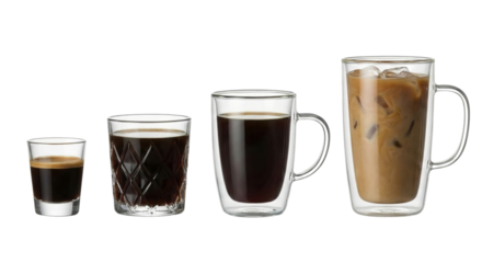 A delightful range of coffee variations served in glasses, showcasing different brewing methods