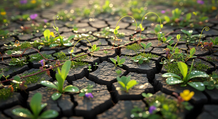 Delicate green sprouts and wildflowers bravely pierce deeply cracked, parched earth, symbolizing enduring life, hope, and nature's persistent struggle for renewal