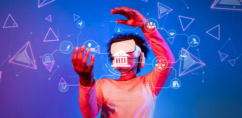 A user engages with virtual banking technology, interacting with digital financial services and exploring abstract concepts related to online finance and innovative regulations. XDMCP