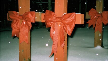 Dark Chirstmas Decorative wooden crosses adorned with red bows in falling snow.