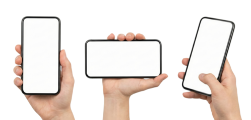 Hands displaying smartphones with blank white screens on transparent background