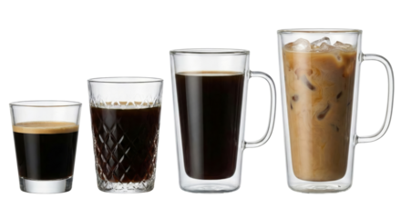 Four diverse coffee preparations arranged in a row, an inviting presentation with isolated