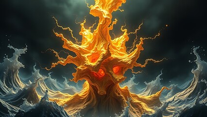 A gravity-defying golden fractal structure engulfed in chaotic energy waves, radiating molten brilliance.