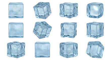 Array of frosty translucent ice cubes ideal for summer refreshers on transparent layer