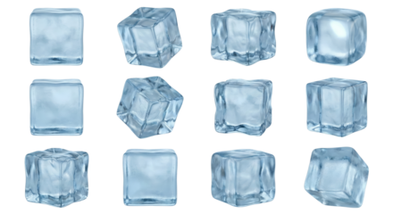 Array of frosty translucent ice cubes ideal for summer refreshers on transparent layer