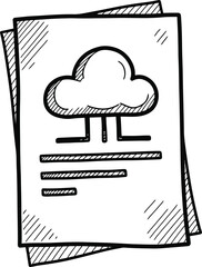 Hand-drawn simple paper document with a cloud icon, doodle solid black on white, indicating cloud document storage