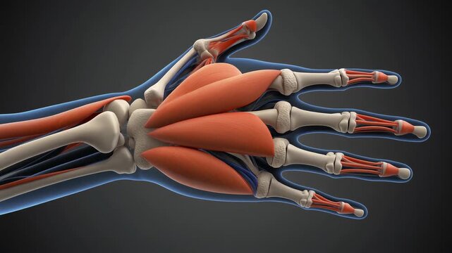 3D anatomical illustration of the dorsal carpometacarpal ligaments and muscles of the human hand