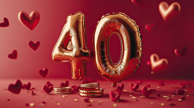 Celebrate a fabulous 40th with golden balloon numbers and romantic heart accents for milestone birthdays, anniversaries, or Valentine's Day surprises - Powered by Adobe
