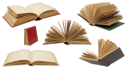 Isolated aged books against transparent space, representing knowledge, exploration, and