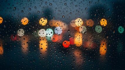 A Rainy Night View: City Lights Reflected in Water Droplets on Glass