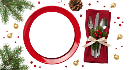 Festive Christmas Dinner Place Setting Arrangement with Red Plate and Holiday Decorations against