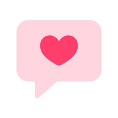 Flat icon of a rounded chat bubble with a bright heart in the center. Perfect for Valentine messaging themes, romantic conversations, social love graphics, and sweet communication icons.