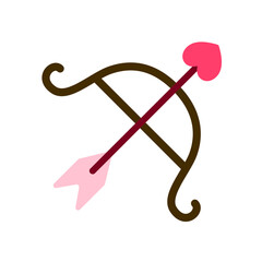 Flat icon of cupid's bow and heart-tipped arrow in romantic tones. Ideal for Valentine themes, matchmaking visuals, love symbols, and playful romance illustrations.