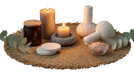 Ethereal spa composition featuring candles, herbal compresses, and natural elements on textured mat