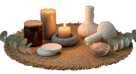 Ethereal spa composition featuring candles, herbal compresses, and natural elements on textured mat