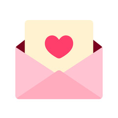 Flat icon of an opened envelope revealing a heart-marked letter. Perfect for Valentine greetings, romantic messages, love notes, and affectionate communication visuals.