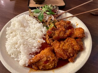 Korean spicy fried chicken with rice