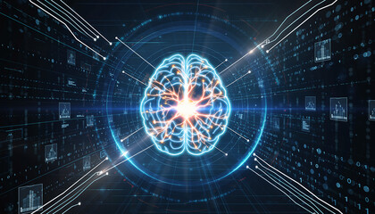 Futuristic AI Brain Visualization with Digital Data Flow, Neural Networks and Circuitry, Artificial Intelligence Concept.