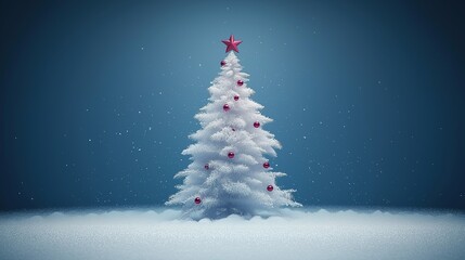 A white Christmas tree decorated with snow and red ornaments, set against a festive holiday blue background.