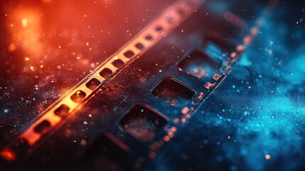 Explore vintage cinematic stories with this close-up of classic film reel in vibrant orange and cool blue lighting, perfect for creative projects and nostalgia