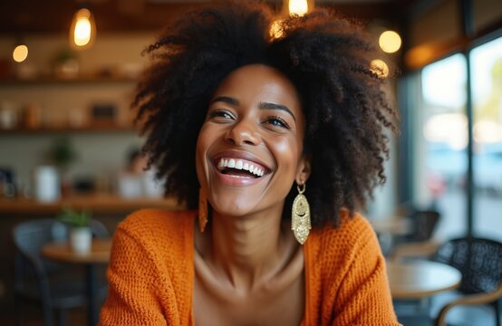 Smiling black woman with afro hair in orange sweater laughs in cozy cafe. She wears big earrings and has joyful expression. Atmosphere is relaxed and welcoming with tables and chairs in background.