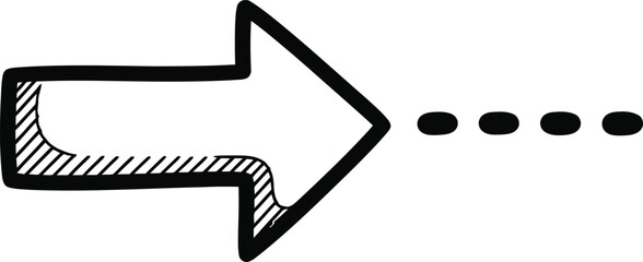 Hand-drawn simple arrow pointing right with a dotted line icon, doodle solid black on white, indicating step or next action