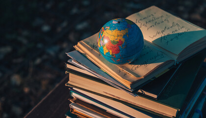 Globe on Books and Old Papers Education, Travel, Learning, Knowledge, Geography, World Studies, Exploration Concept.