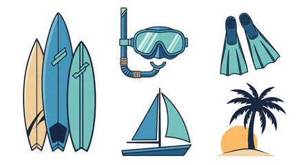 Stunning collection of vibrant water sport gear and tropical island elements perfect for summer vacation designs