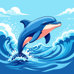 Happy Dolphin Jumping from Ocean Waves with Playful Splash and Bright Summer Sea Scene