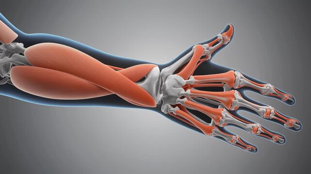 Anatomical animation of human hand muscles and bones, focus on wrist and metacarpophalangeal joints