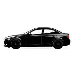 Fototapeta premium Black silhouette side view of modern sedan car with sleek design and sporty wheels on white background minimalist vector illustration suitable for automotive and transport projects