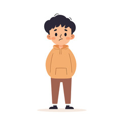 Obraz premium Sad unhappy boy in brown hoodie and pants standing alone with worried expression isolated on white background flat vector illustration