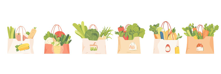 Fototapeta premium Various grocery bags filled with fresh organic vegetables and food items in flat minimalist style for healthy shopping and food delivery concepts vector illustration