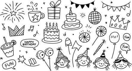 Hand drawn birthday party doodles set. Cake, balloons, and celebration vector illustration collection