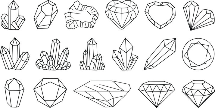 Geometric crystals and gemstones line art set. Diamond, quartz, and mineral vector illustration collection