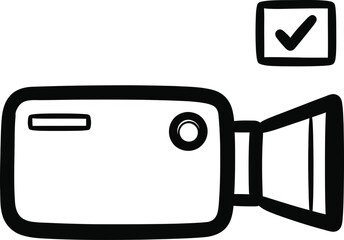 Doodle simple video camera with a checkmark icon, hand-drawn solid black on white, indicating successful recording, quick media sketch