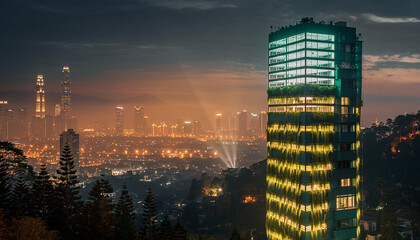 Stunning Nighttime Cityscape with Illuminated Skyscrapers and Urban Skyline View, Modern Architecture and Buildings in Evening.