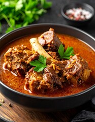 Fototapeta premium Geschmorte Ochsenschwanzpfanne – Zartes Fleisch in aromatischer Brühe