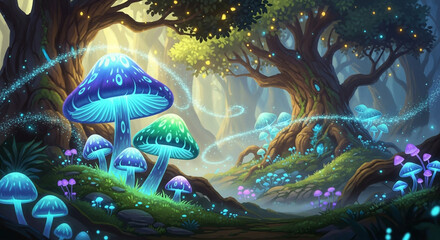 Discover a magical glowing mushroom forest scene filled with vibrant bioluminescent fungi and enchanting fairy dust trails