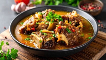 Fototapeta premium Geschmorte Ochsenschwanzpfanne – Zartes Fleisch in aromatischer Brühe