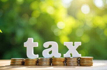 Tax concept photo. White tax letters on coin stack against green nature background. Money savings for taxes investment. Payment of tax. Tax planning and strategy for growth. Financial concept.