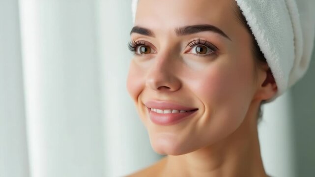Video A woman wearing a towel as a makeshift headscarf, gently touching her face