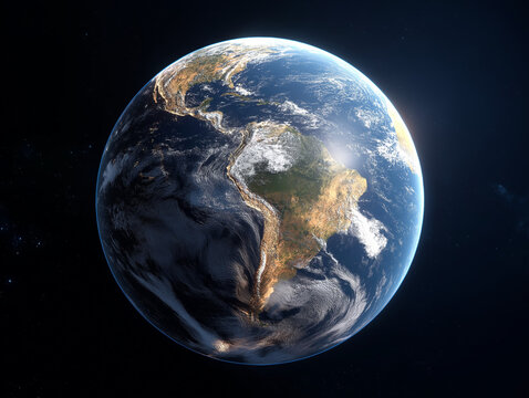 full Earth seen from space withsouth america, Brazil at the center, ultra-realistic, bright blue atmosphere, detailed clouds, sunlight casting soft shadows, highly detailed surface, 8k, ultra HD, cine