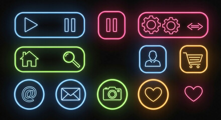 Stunning vibrant neon glowing user interface icons perfect for modern app design and futuristic website navigation elements