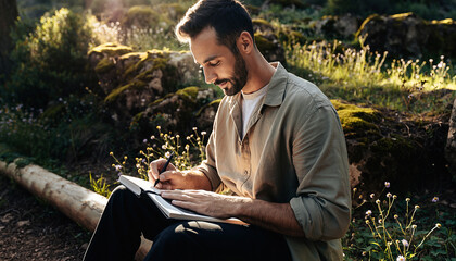 Man Writing in Journal Outdoors Creative Writing, Nature, Inspiration, Lifestyle, Meditation, Peaceful, Forest, Sunlight.