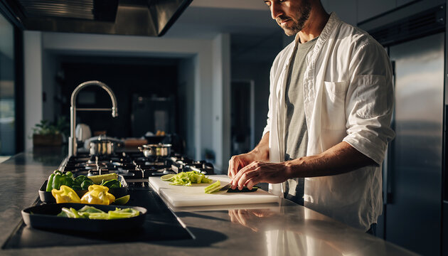 Man Cooking in Modern Kitchen Slicing Vegetables on Countertop, Healthy Food Prep, Cooking at Home, Lifestyle. - Powered by Adobe