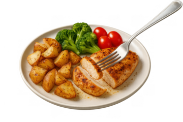 Healthy meal with oven-roasted chicken breast, crispy potatoes, fresh broccoli, cherry tomatoes, and a fork, transparent background
