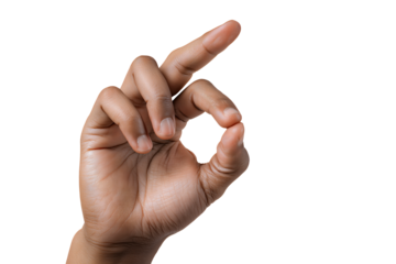 Close-up of a hand forming the "OK" gesture against a white background
