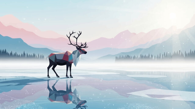 Majestic Reindeer Standing on a Frozen Lake Reflecting in the Calm Water Amidst a Serene Winter Mountain Landscape
