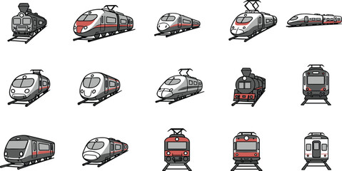 Cartoon train illustration set, stylized railway vehicles, steam, electric, high-speed designs, colorful transport clipart bundle